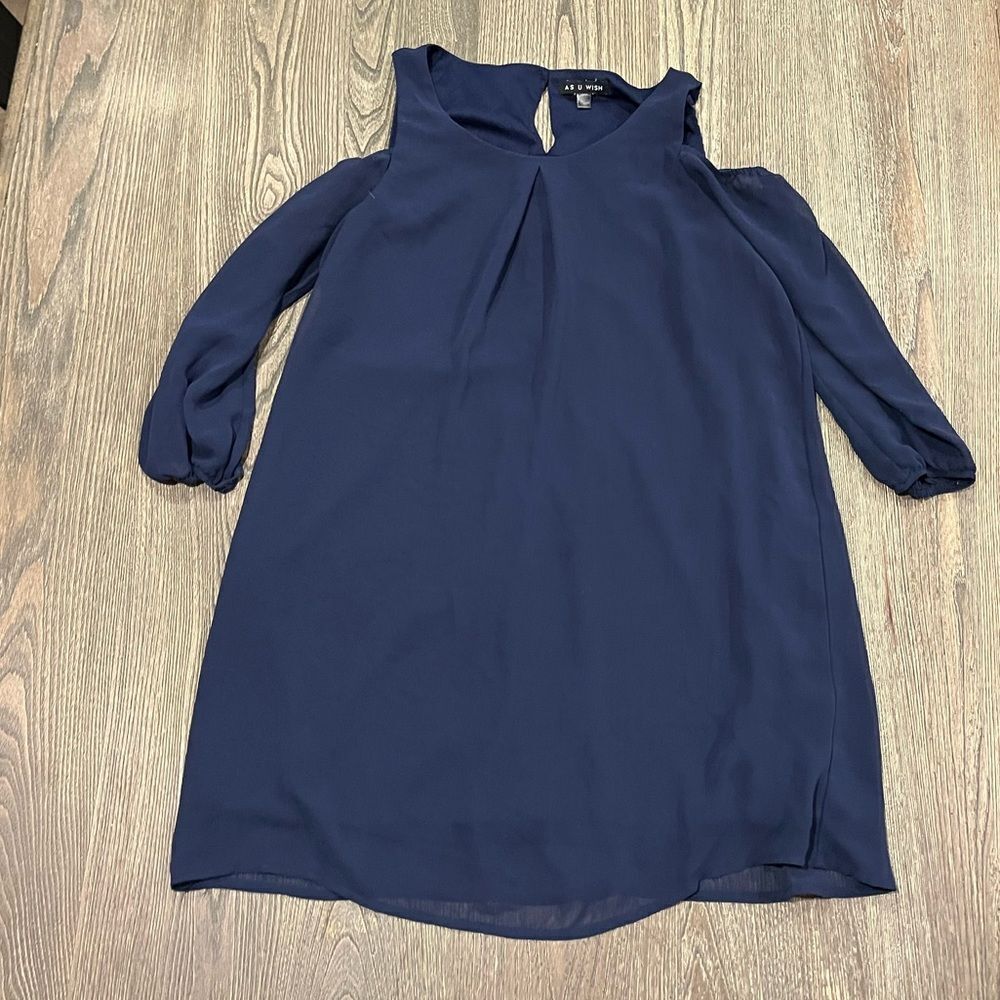 AS U WISH Blouse Small Navy Blue Cold Shoulder Sleeves High Neck Lined Casual